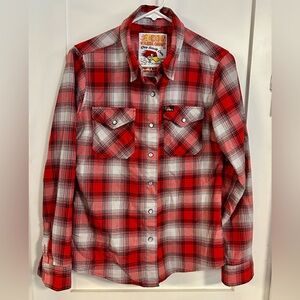 Dixxon Flannel Company Women’s Medium  Red white Plaid Flannel Rare Shirt.